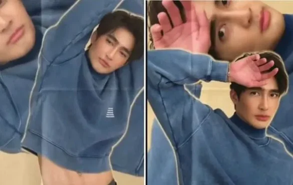 Hình Earth Pirapat Watthanasetsiri mặc áo hoodie xanh selfie vui nhộn