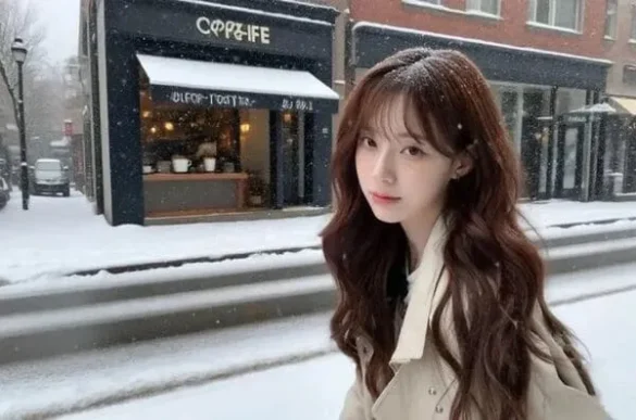 Ảnh Winter aespa mặc áo khoác đứng giữa phố tuyết