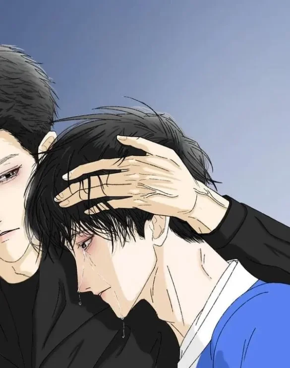 Fanart hai nhân vật, một người bật khóc được người kia đưa tay che mắt