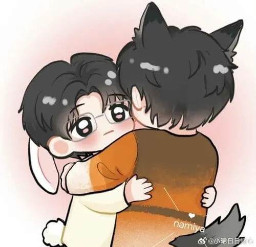 thuong-an-hinh-anh-11 Fanart chibi hai nhân vật ôm nhau, một người mang tai thỏ một người tai mèo
