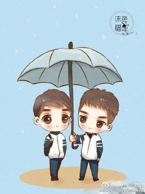 thuong-an-hinh-anh-13 Tranh chibi hai nam sinh đồng phục xanh trắng đứng chung dưới một chiếc ô