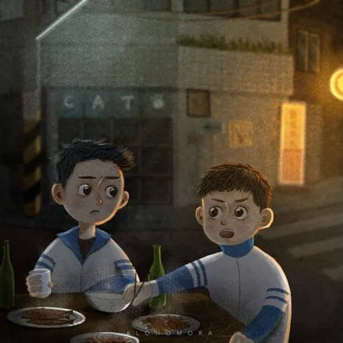 thuong-an-hinh-anh-15 Tranh vẽ hai cậu bé đồng phục ngồi ăn khuya tại quán vỉa hè